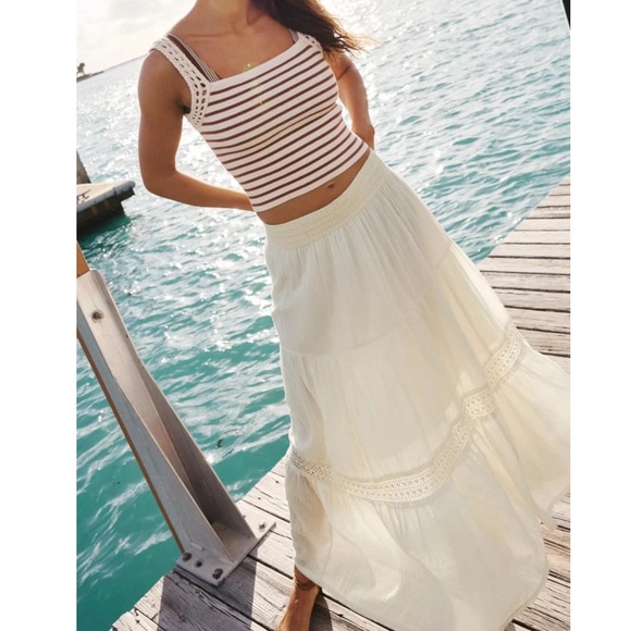 Aerie Crochet The Day Smocked Pull-On Tiered Woven Maxi Skirt Ivory Small - Picture 1 of 7